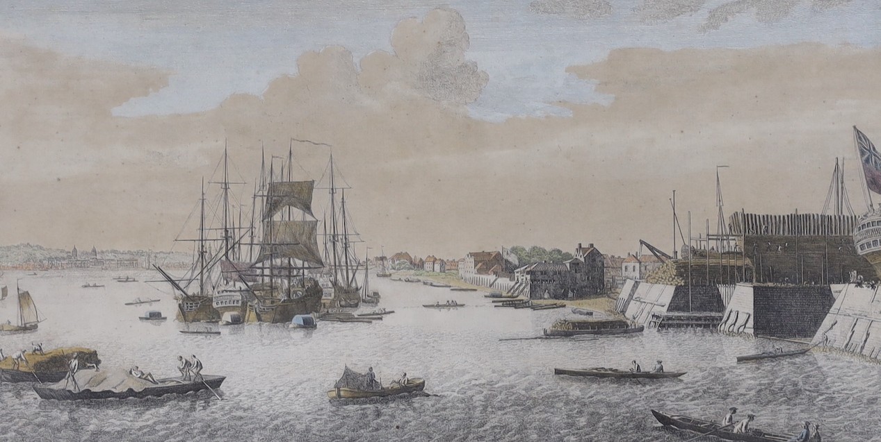 John Boydell, three hand coloured engravings, 'A view near Limehouse Bridge', 'Westminster Bridge' and 'Blackwall', 23 x 41cm